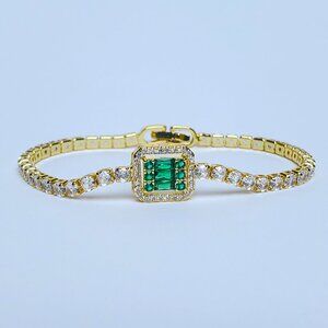 14K Gold Womens 1ct Green Emerald Gemstone 2ct Diamond Tennis Bracelet Jewelry
